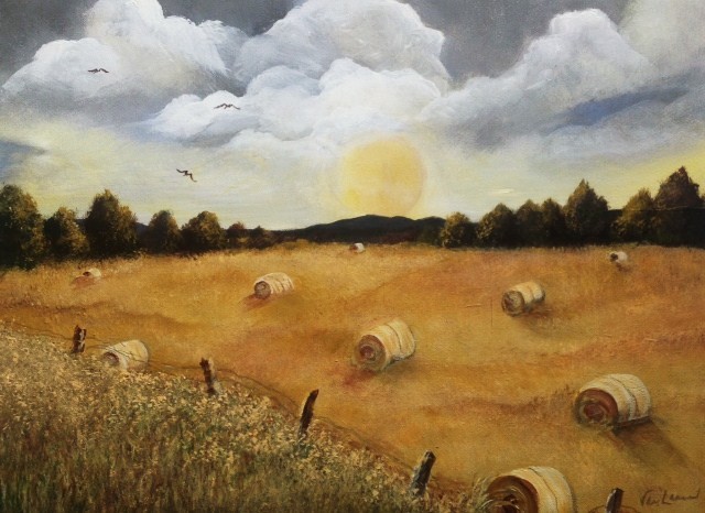 Original acrylic on canvas painting, rural, pastoral landscape, hay rolls