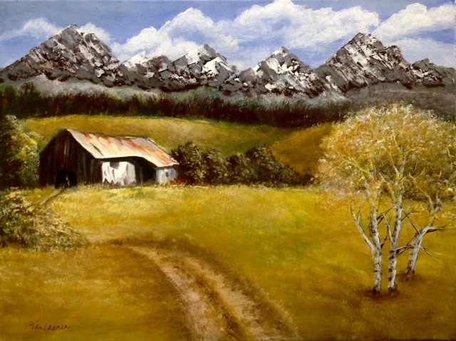 original acrylic on canvas landscape featuring mountain range and barn