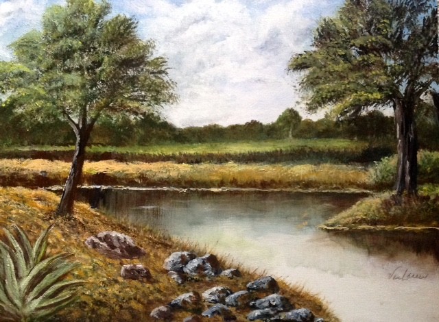 Original acrylic on canvas landscape, trees, water, tranquility