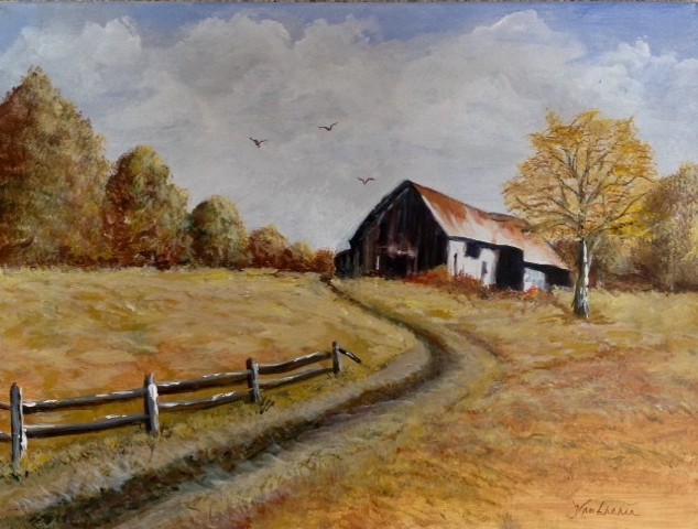 Original acrylic on canvas landscape, fall themed,, trees, tranquility, old barn with tin roof