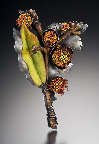 Contemporary art jewelry brooch of vitreous enamel by Wendy McAllister.