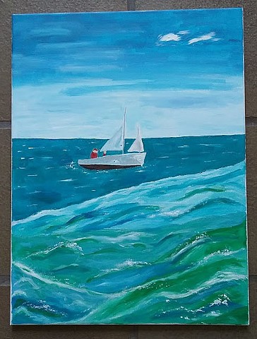 Acrylic painting of a sailboat on the ocean by Christopher Stanton