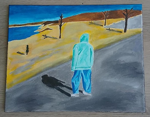 Acrylic painting of a woman at Tuttle Creek Lake 