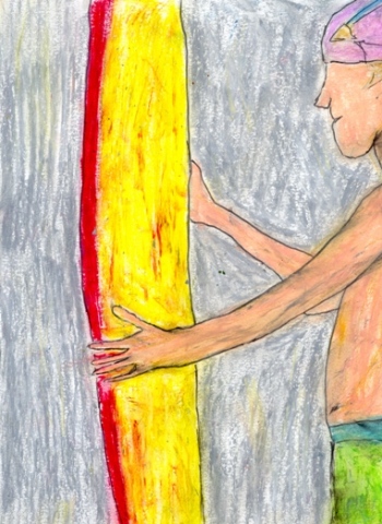 Pastel drawing of a surfer with his board by Christopher Stanton