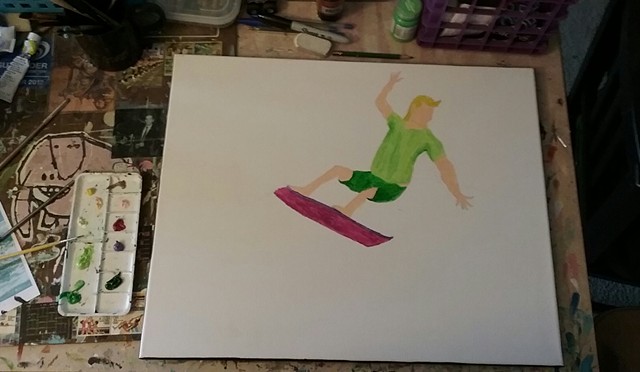 Acrylic painting of a surfer in progress by Christopher Stanton