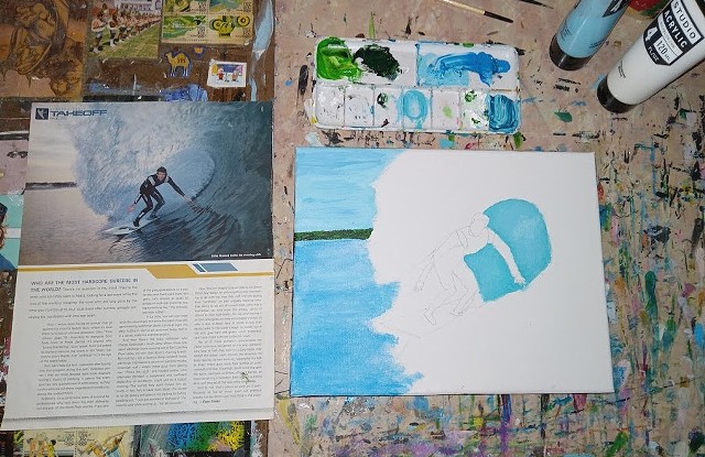 Painting of a surfer in progress by Christopher Stanton