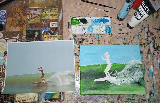 Painting of a surfer in progress by Christopher Stanton 