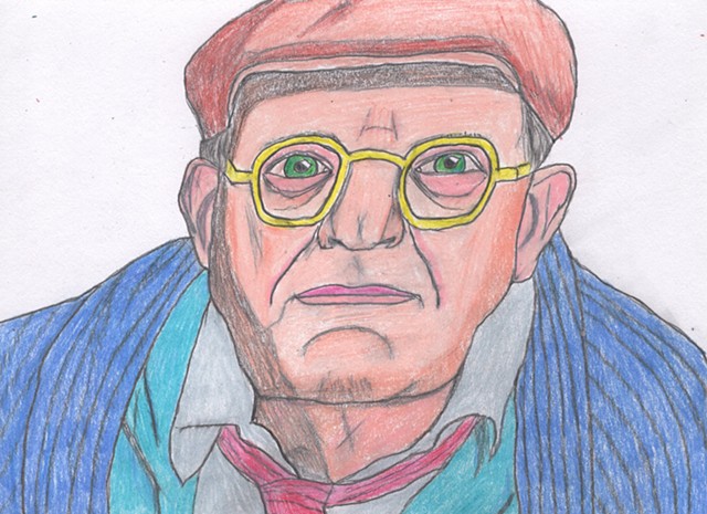 Colored pencil portrait drawing of David Hockney by Christopher Stanton