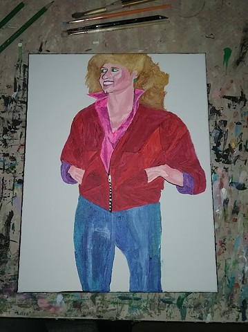 Acrylic portrait painting of a disco skating lady by Christopher Stanton 