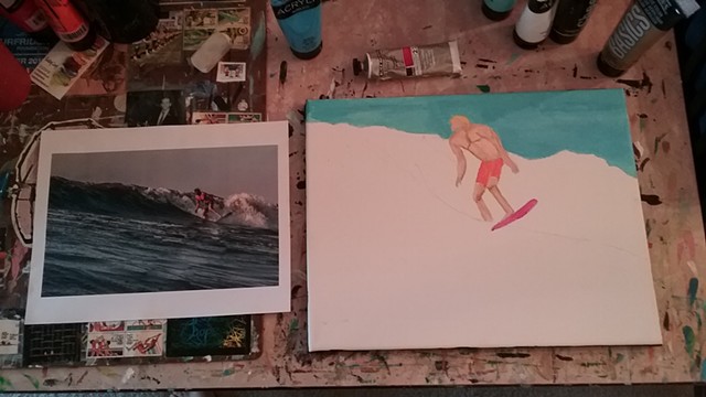 Acrylic painting of a surfer in progress by Christopher Stanton