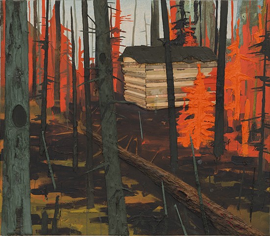 Forest cabin painting by artist Owen Rundquist