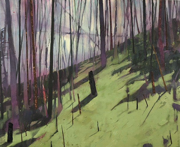 Forested hillside painting collage by artist Owen Rundquist