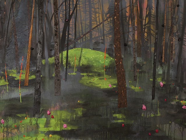 Swamp forest burial mound painting by artist Owen Rundquist