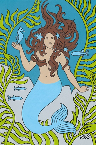 Painting of a mermaid. She has brown hair and a blue tail. She is surrounded by kelp seaweed and fish. She holds a seahorse in her hand.