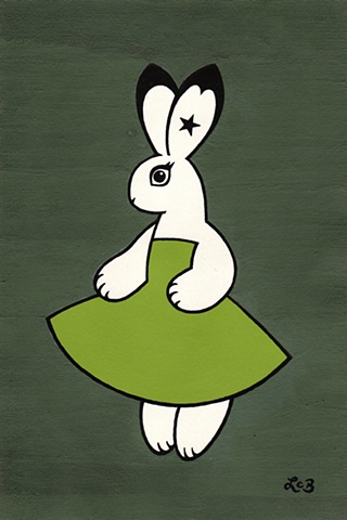 A manga-influenced painting of a white rabbit wearing a green dress. She has a star tattoo in her ear.