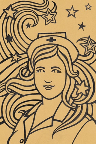 Sold for $85. A line drawing of a nurse with stars in her swirling hair. Black lines on a yellow background. Style resembles art nouveau by Alphonse Mucha and pop art by Peter Max. Psychedelic imagery, like a hallucination.