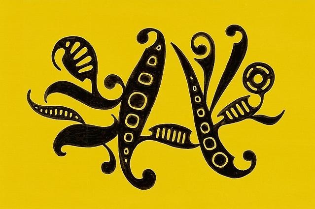 Tauba Auerbach. Sold for $85 at Kaleid. Yellow and black. Yellowjacket. Stylized. Typographical. Insect. Wasp. Was on display at Kaleid Gallery.