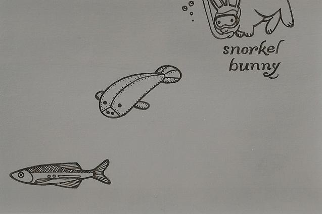 Snorkeling bunny with two fish. Sold for $85 at "Beyond the Comic Strip" at Canvas Ghost Gallery in October 2011.