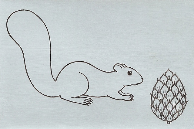 Line drawing of a squirrel in profile, and a pinecone, on a gray background. Drawn by Laura Callln Bennett.