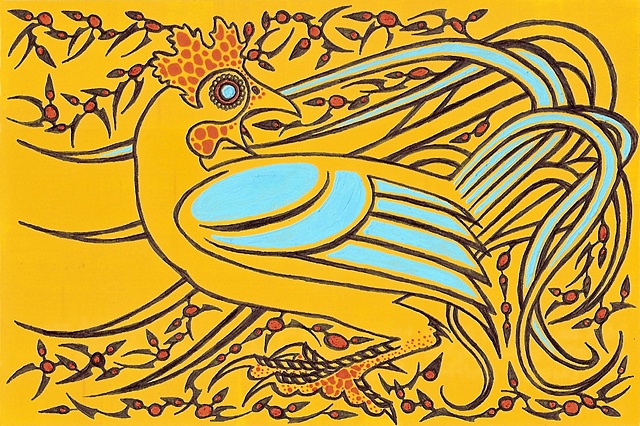 Image of a yellow rooster with long, swirling tail feathers, surrounded by menacing black and red shapes that represent the H1N1 bird flu virus. Style reminiscent of Japanese woodblock ukiyo-e prints.