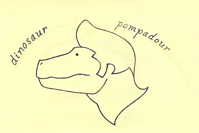 Dinosaur Pompadour. Drawn by Laura Callin Bennett. One person has asked to use this design as a tattoo. 