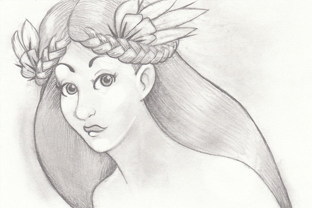 Tauba Auerbach. Pencil drawing of  a pretty women with braids and flowers in her hair. Fairy, fae, elf, elven.