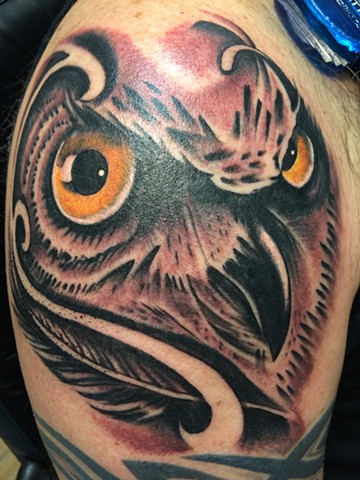 Owl on shoulder!