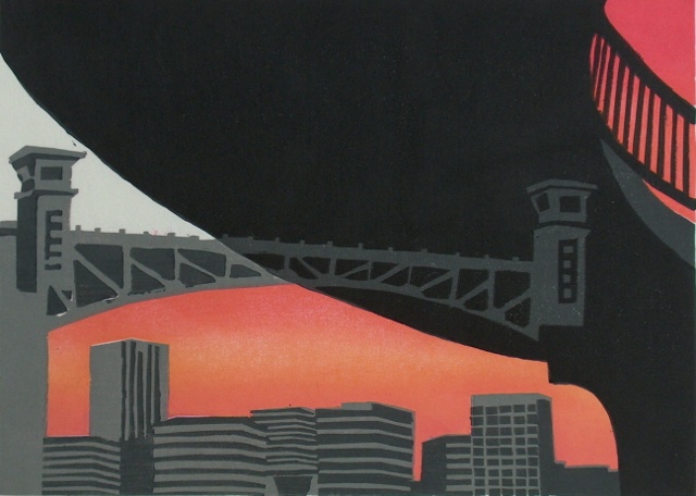 Woodblock limited edition prints bridges Portland Oregon Willamette River