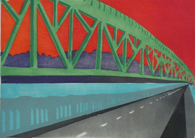 Woodblock limited edition print bridges Portland Oregon Willamette River