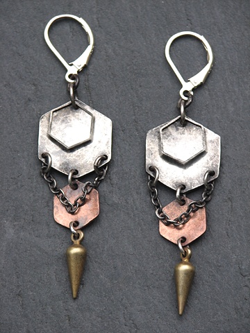 Sterling and Copper Hex Spike Earrings