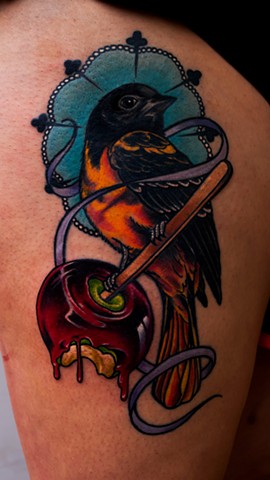 candy apple and bird tattoo by chris lowe of naked art tattoos