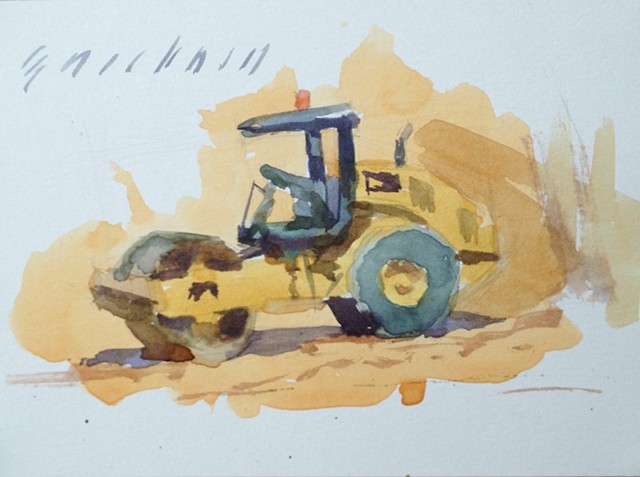 watercolor painting plein air construction steam roller