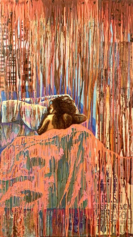 Black woman at rest in a surreal landscape that morphs from bedscape to dreamscape