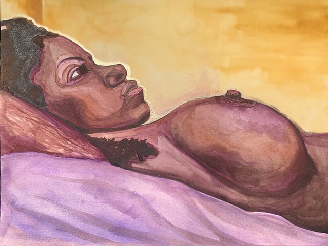 Watercolor painting of a black woman at rest