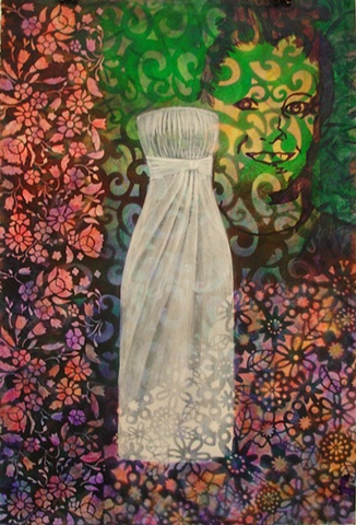 painting of white wedding or prom dress on floral patterned background, multi-colored