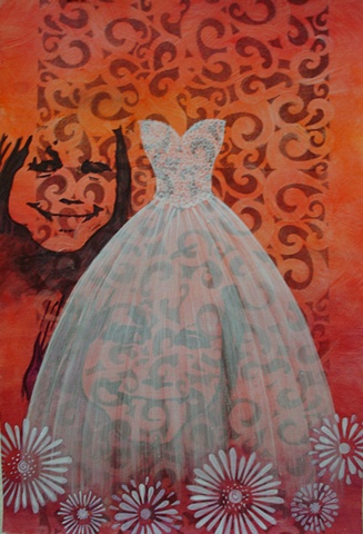 painting of Brittinee with white wedding, prom dress on pink swirly background