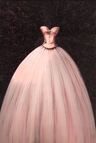 pastel drawing of a pink prom or quincinera dress on black background