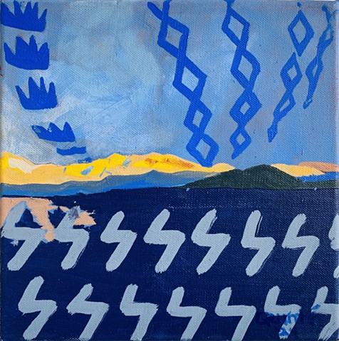 Contemporary Art Abstracted Minimal Mountainscape With Ancestral Markings Oil Painting on Canvas