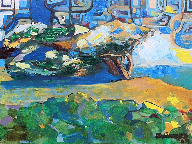 vibrant landscape, oil painting, trees, seascape, expressionism 