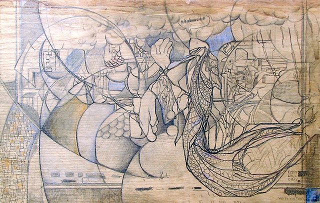 Jordan Quintero, drawing, mixed media, cityscape, city roots, roots, organitecture, drawings on wood, fairy tales, Japanese, current events, radiation, Fukishima