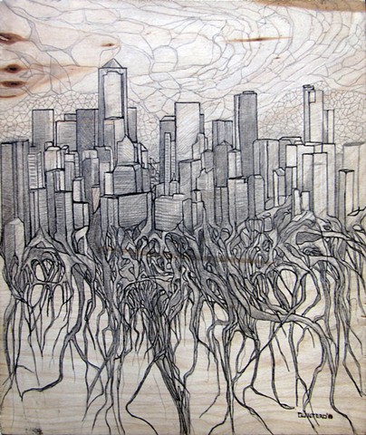 Jordan Quintero, drawing, mixed media, cityscape, city roots, roots, organitecture, drawings on wood