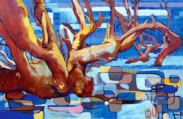 trees, oil painting, abstract representation, street art, blue painting