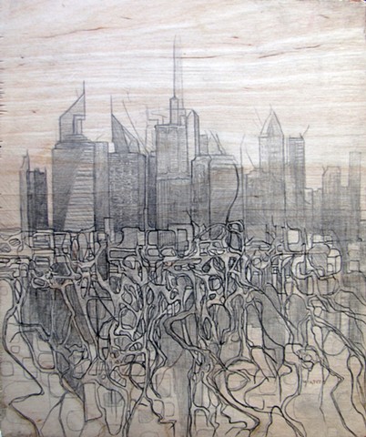 Jordan Quintero, drawing, mixed media, cityscape, city roots, skyline, roots, organitecture, drawings on wood