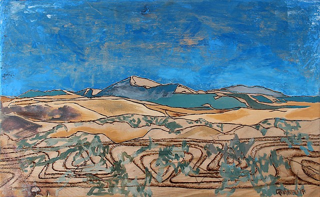 California Abstract Landscape Aztec Symbols Contemporary Mixed Media Painting