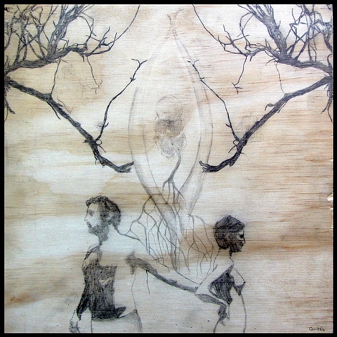 botanical organic branches erotic contemporary figure drawing pencil on wood