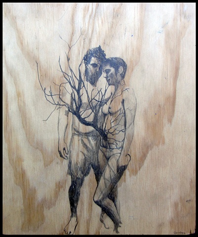 botanical organic branches erotic contemporary figure drawing pencil on wood