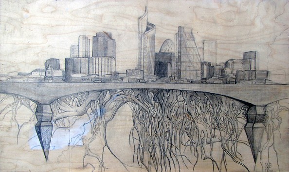 Jordan Quintero, drawing, mixed media, cityscape, city roots, roots, organitecture, drawings on wood