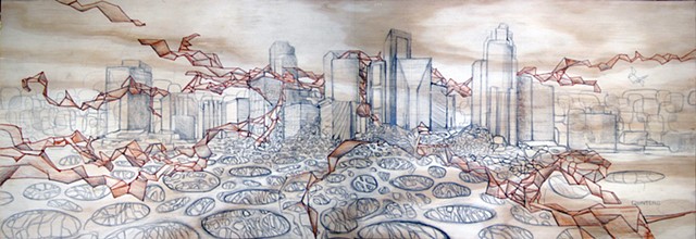 architecture, cityscape, skyline, fantasy city, city roots, drawing on wood, 