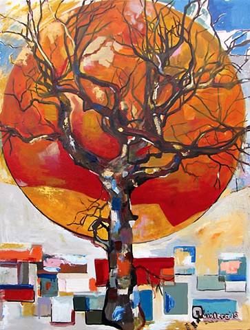 abstract, trees, painting, bright, colorful, oil painting