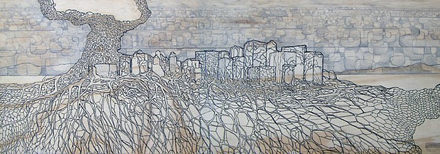 architecture, cityscape, skyline, fantasy city, city roots, drawing on wood,